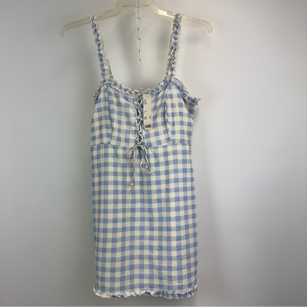 Urban Outfitters Robin Lace-Up Blue & White Checkered Mini Dress Size Large NWT